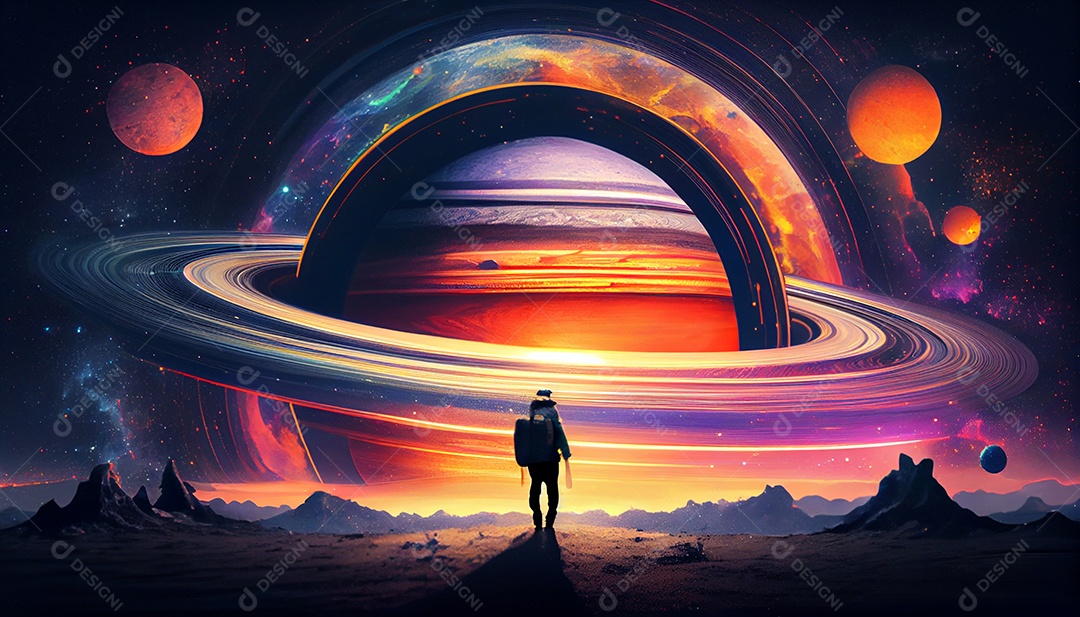 Silhueta de homem em galáxia colorida