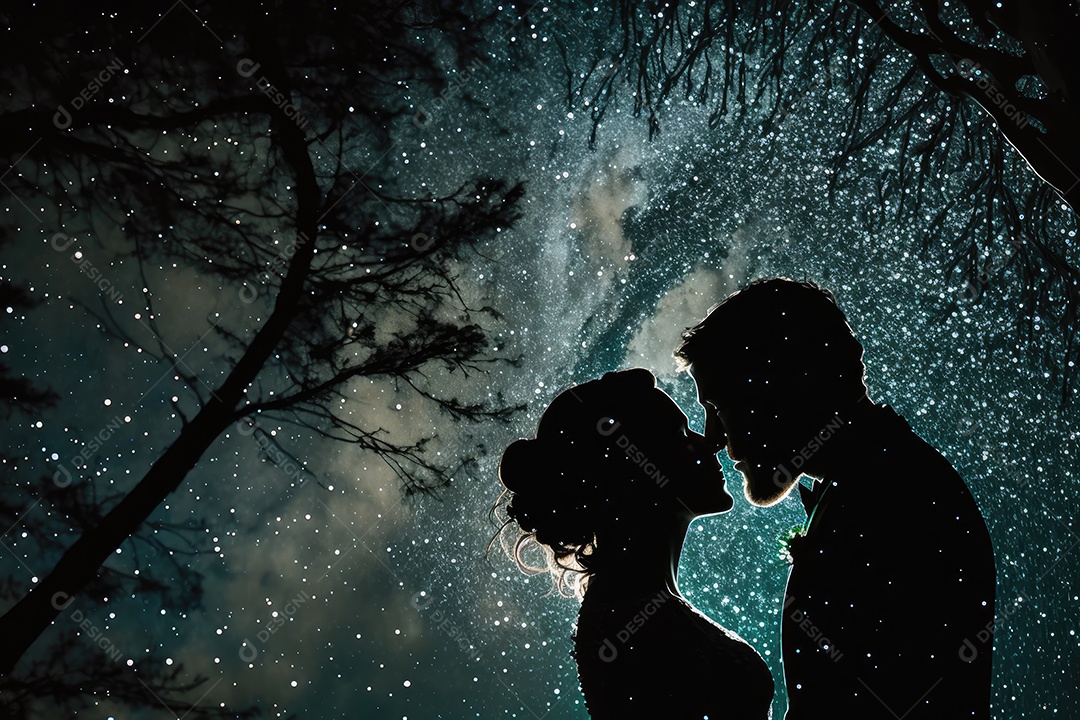 Silhueta de amantes se beijando sob um céu estrelado - IA generativa