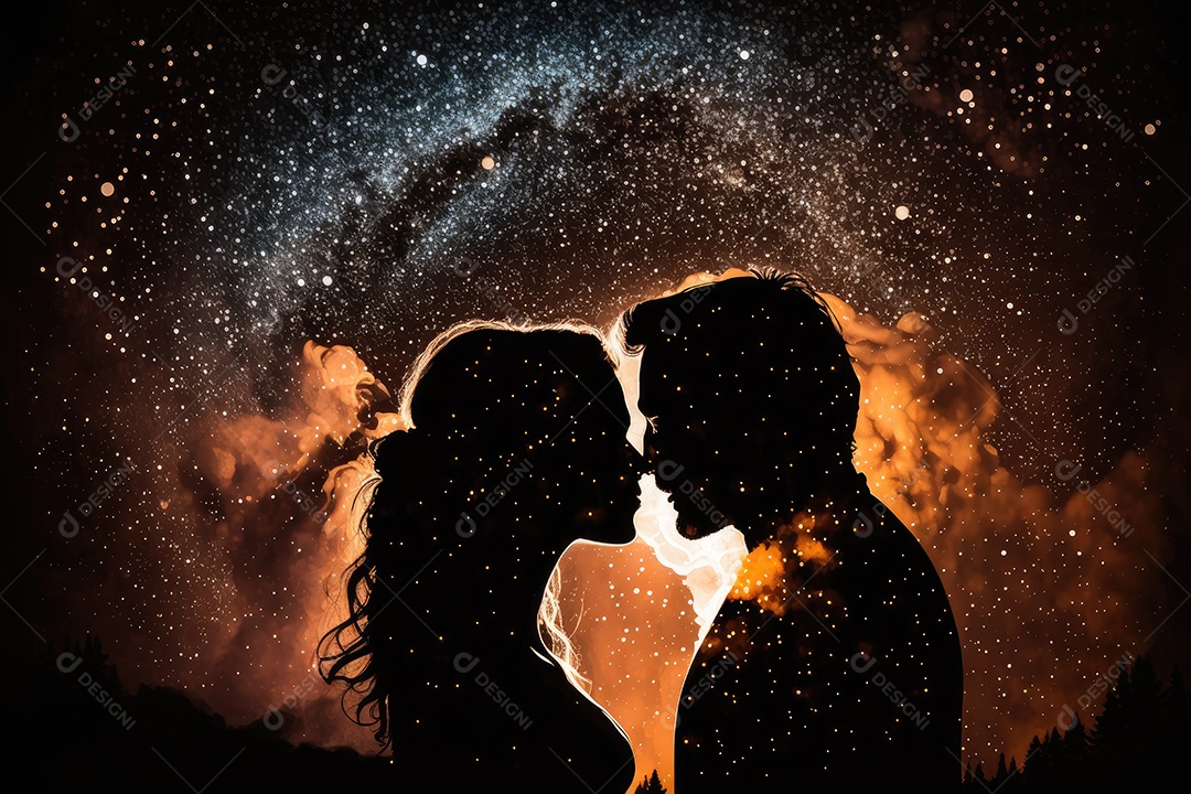 Silhueta romântica de casal se beijando em uma noite estrelada