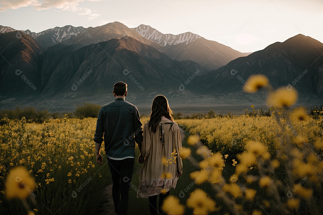 Casal romântico em uma serena paisagem montanhosa - IA generativa