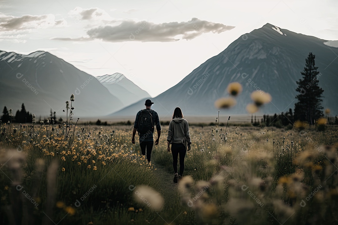 Imagem serena de amantes andando de mãos dadas - IA generativa