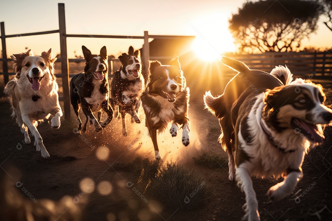 Cães de todas as raças brincando alegremente no parque iluminado pelo pôr do sol