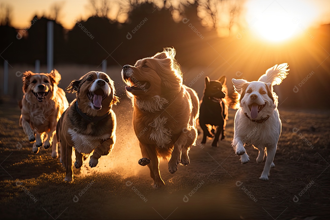 Matilha brincalhona de cães brincando juntos no parque cercado em golden