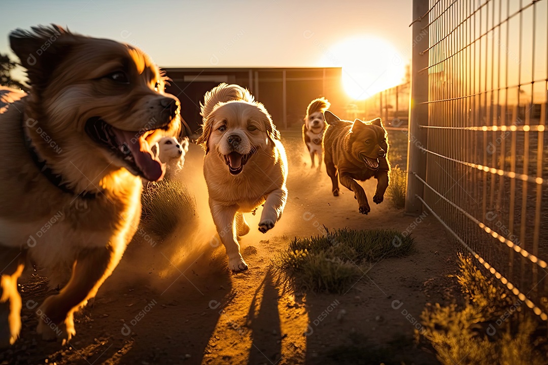 Multidão de cães correndo, pulando e brincando com brinquedos