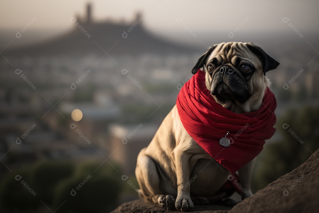 Elegante Pug contempla a deslumbrante vista da cidade a partir do topo da colina