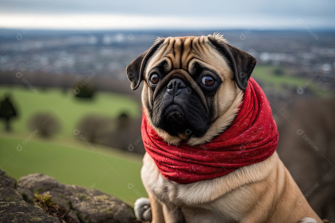 Pug com vista! Canino fofo em cachecol aconchegante senta-se no topo da colina