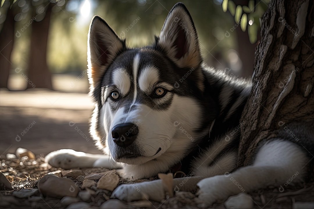 Contente Husky Siberiano se deleita no ambiente tranquilo