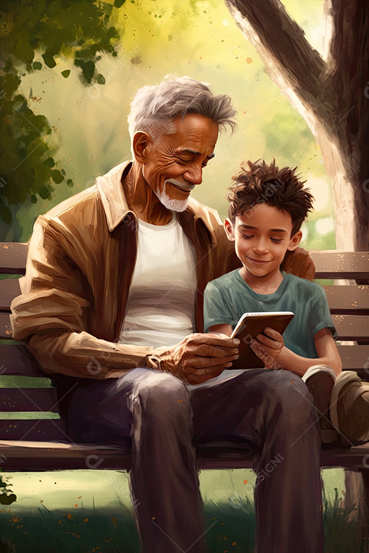 Pai e filho se unindo em um ambiente sereno de parque, renderizado em escavação