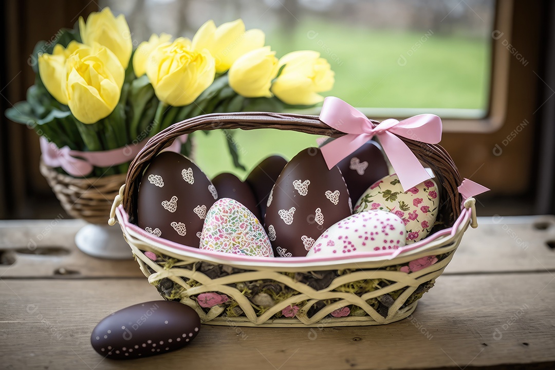 Cesta de ovos de Páscoa artesanal em mesa de madeira rústica