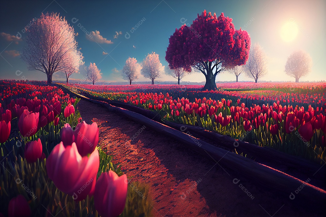 Campo de tulipas vermelhas