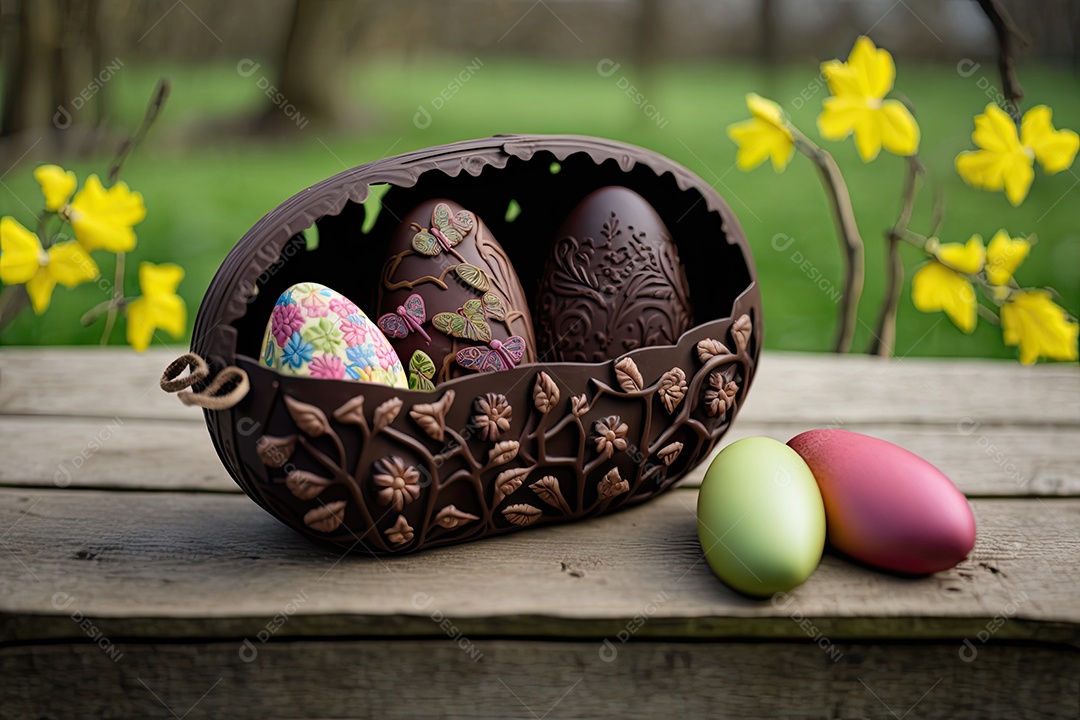 Guloseimas de Páscoa com vista para o jardim e borboletas delicadas criadas