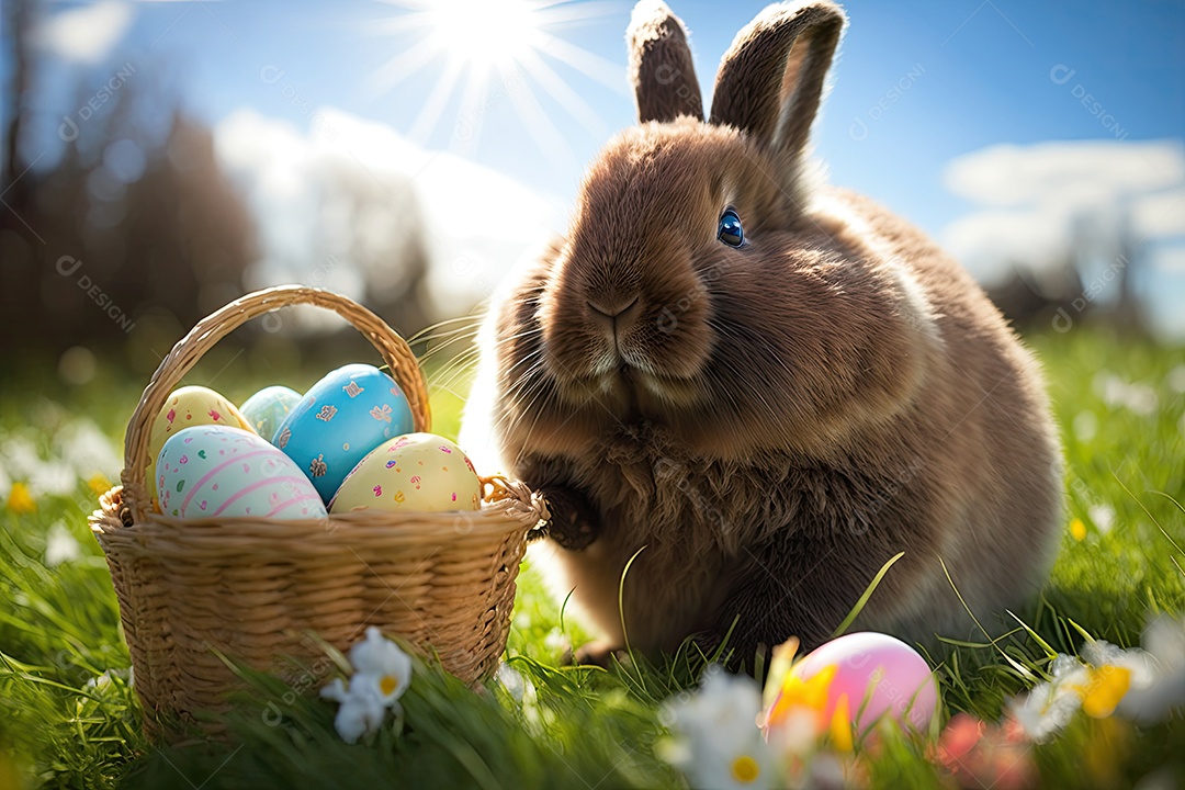 Coelhinho da Páscoa feliz rodeado por flores de primavera e chocolate