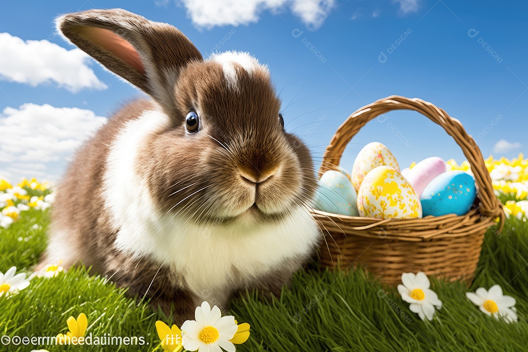 Coelhinho da Páscoa fofo segurando uma cesta de ovos de chocolate