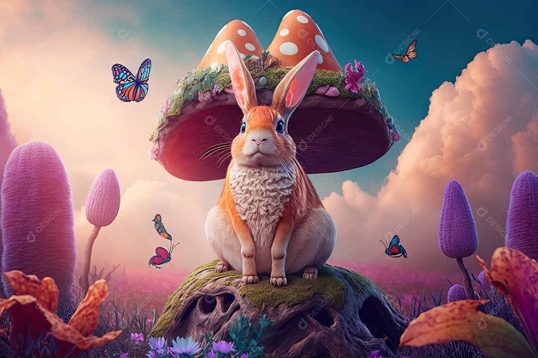 Coelhinho da Páscoa encantador em um cogumelo gigante em um conto de fadas