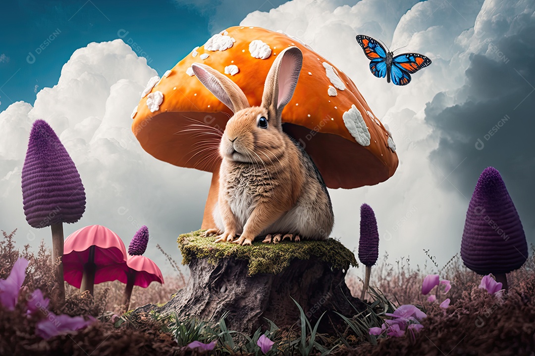 Coelhinho da Páscoa em paisagem de fantasia onírica com cogumelo gigante