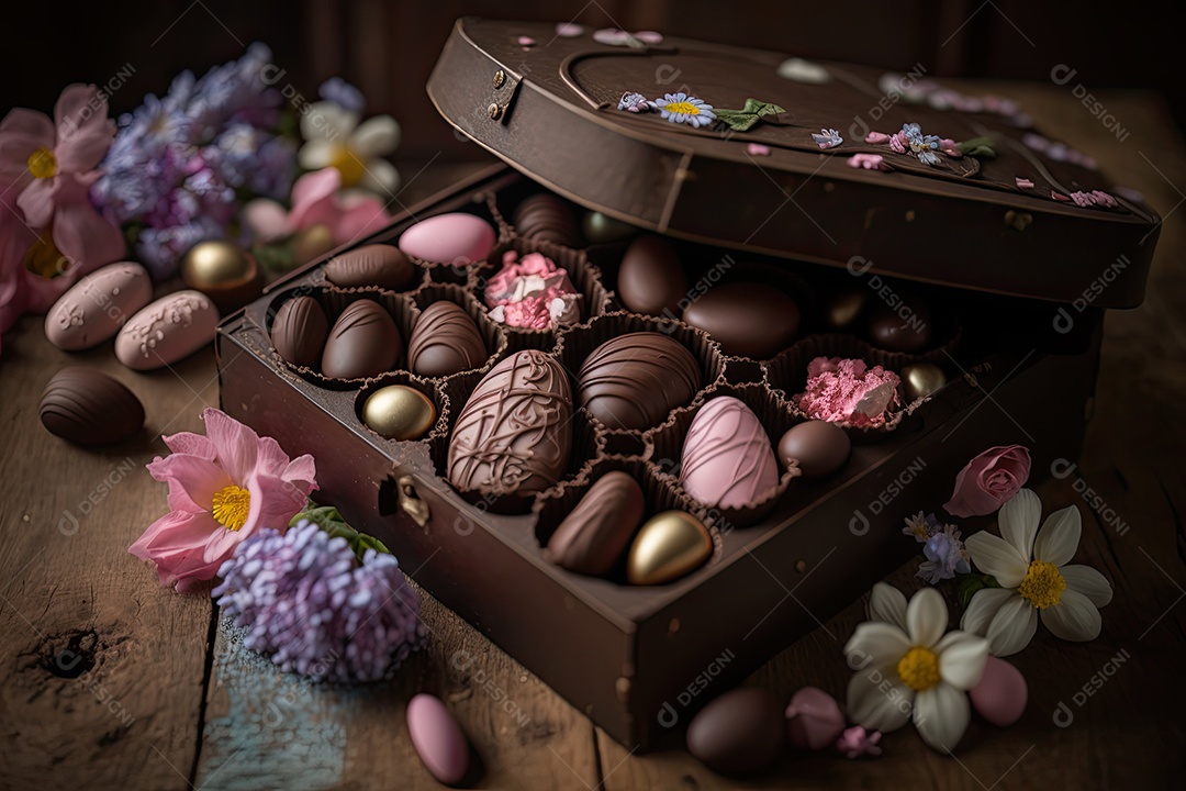 Caixa de madeira vintage com ovos de Páscoa de chocolate artisticamente decorados