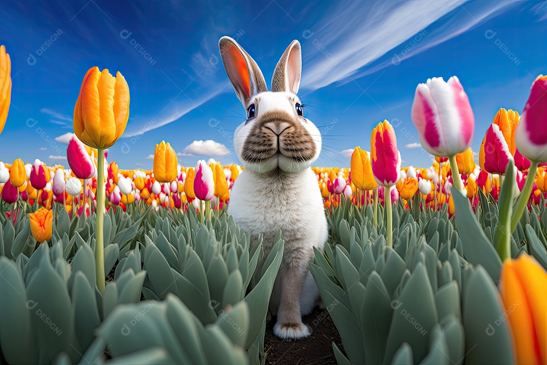 Coelhinho da Páscoa festivo e fundo colorido do campo da tulipa