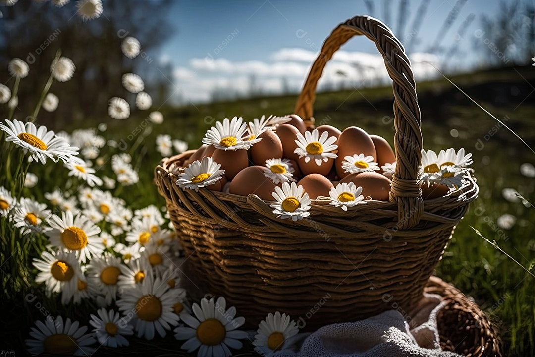 Cesta de ovos de páscoa em campo de margarida branca com fundo de floresta