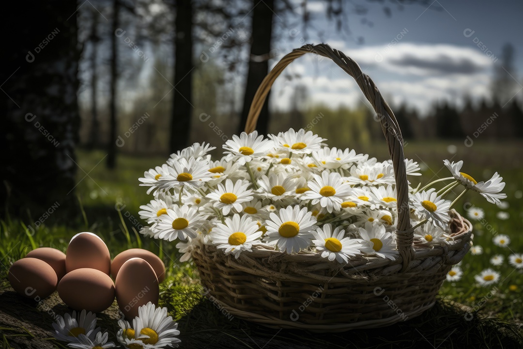 Fundo de Páscoa pacífica com cesta de vime de ovos em margaridas