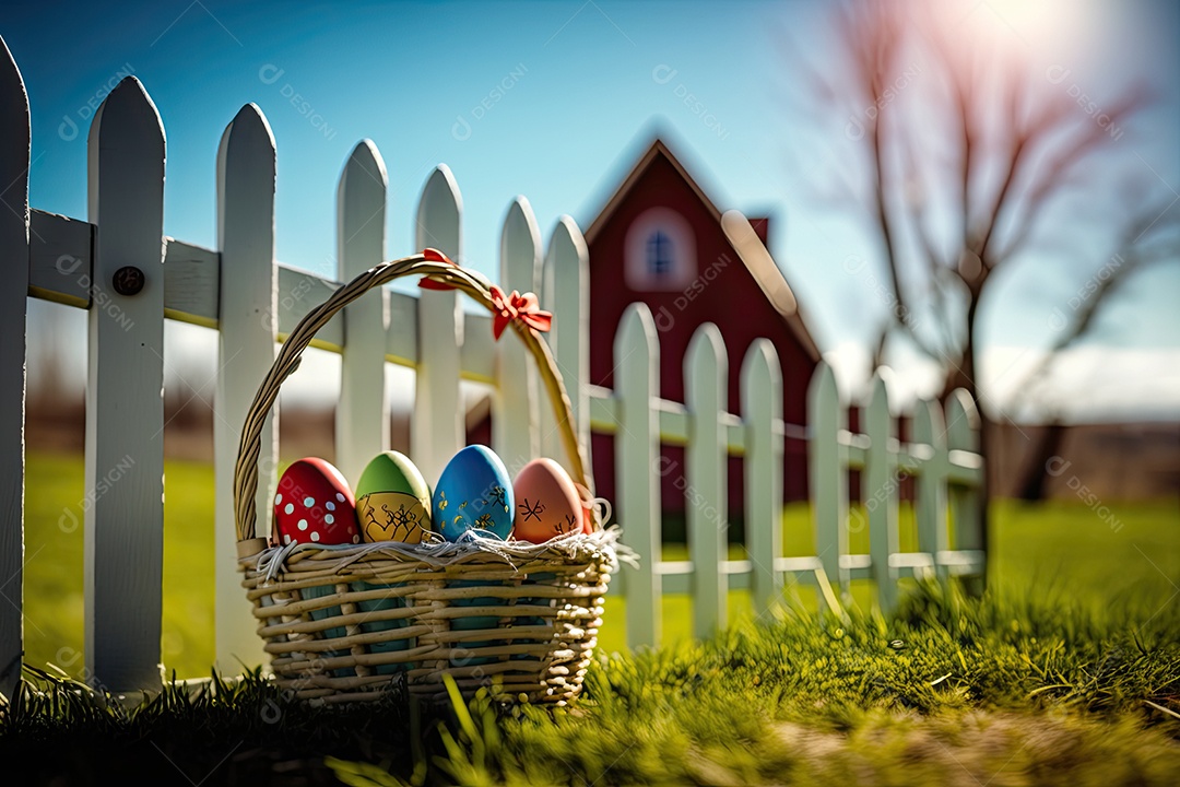 Fundo rústico da Páscoa com prado verde, cesta de vime do ovo