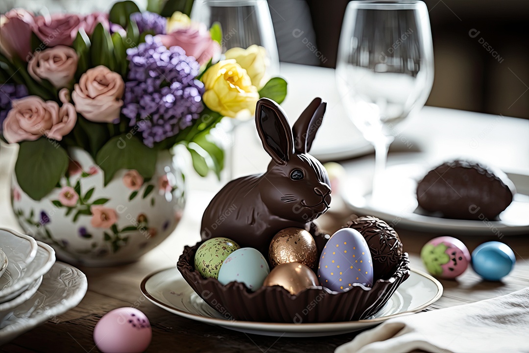 Mesa de Páscoa colorida com deliciosos coelhinhos de chocolate