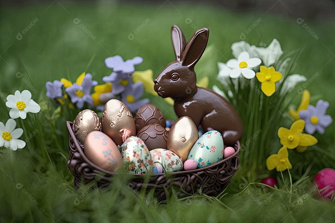 Cesta de Páscoa recheada com ovos de chocolate e coelhinhos de brinquedo