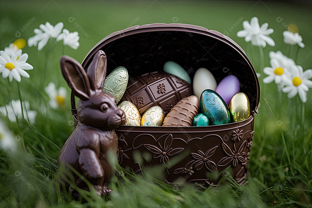 Cesta de Páscoa vibrante com coelhinhos de brinquedo e ovos de chocolate