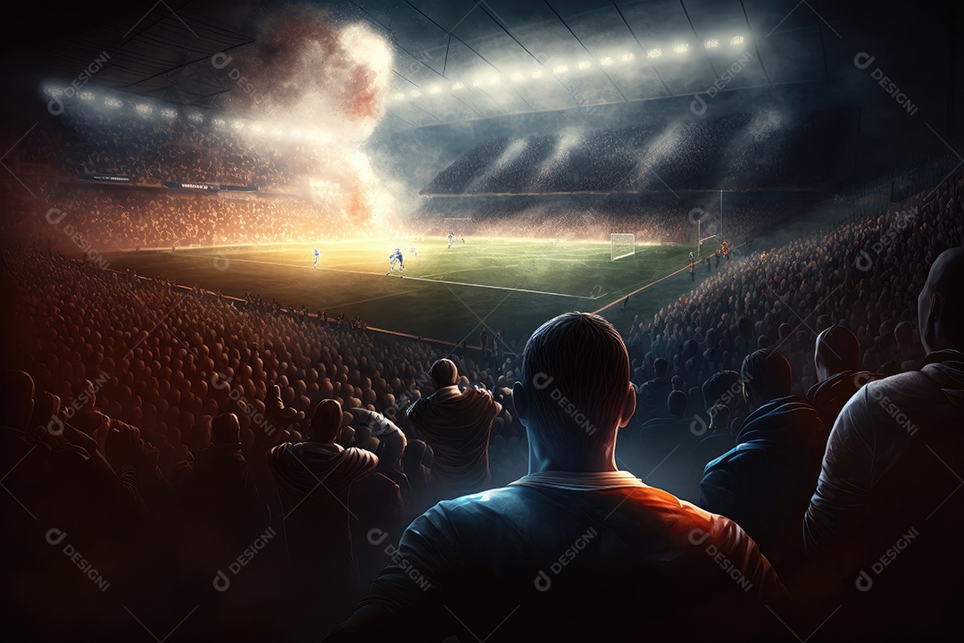 Momento esportivo intenso: luzes brilhantes do estádio e multidão barulhenta
