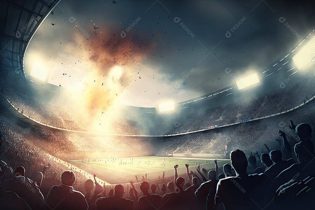 Cena de jogo emocionante com luzes do estádio e multidão enérgica