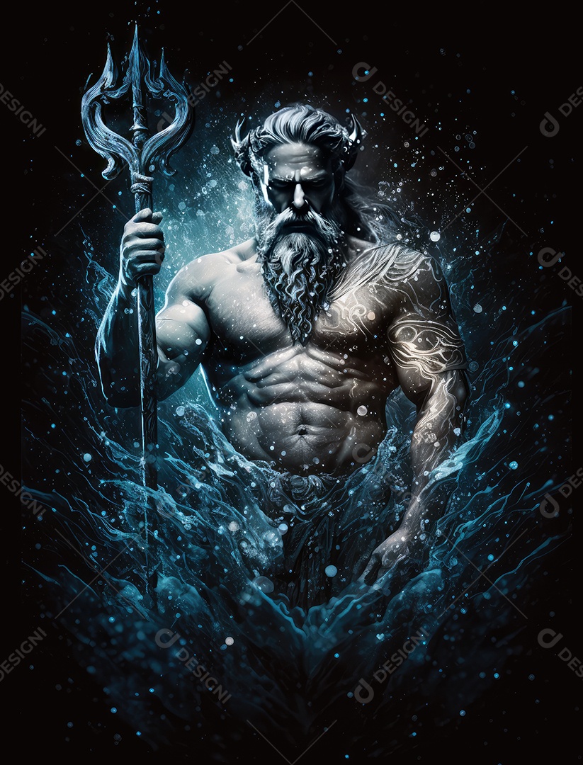 Figura mítica de Poseidon com tridente, água e pano de fundo estrelado