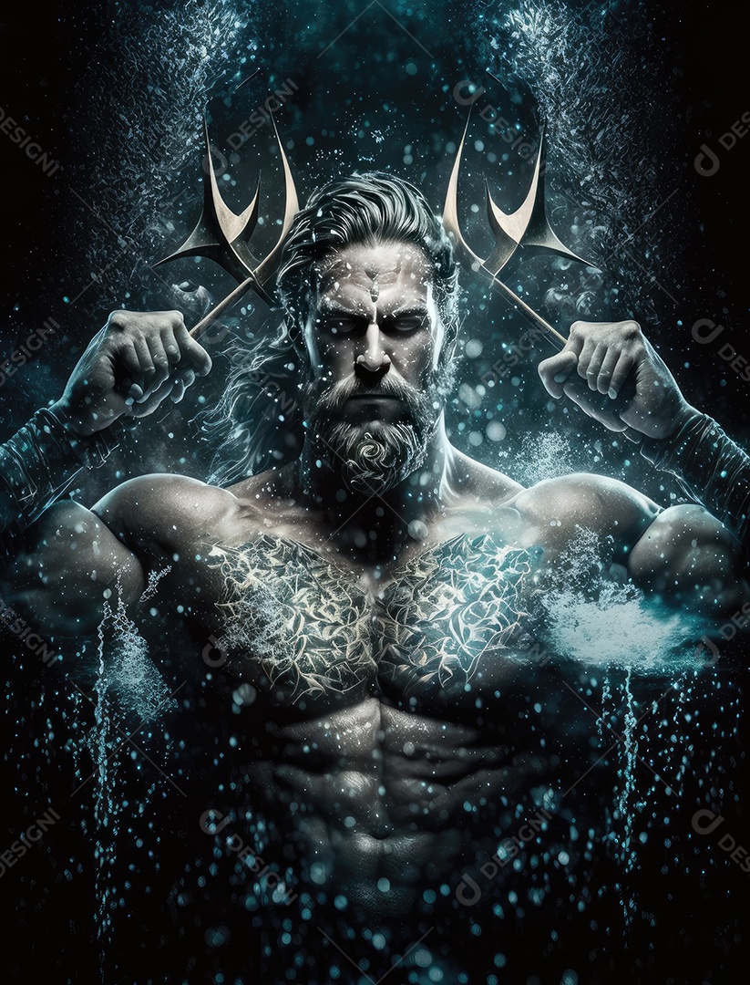 Retrato majestoso de Poseidon com tridente, água e brilhos sobre