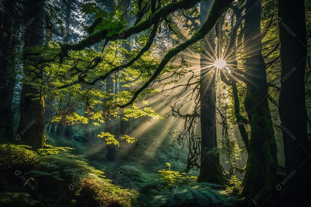 Imagem inspiradora detalhada de uma floresta exuberante com raios de sol penetrando pelas copas das árvores.