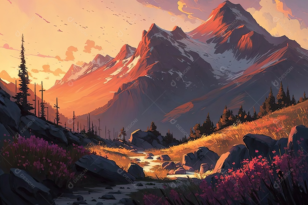 Pôr do sol sereno sobre a majestosa cordilheira com céu vibrante