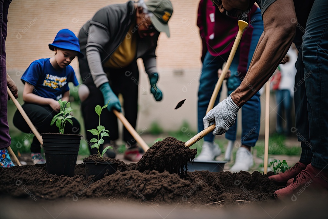 Horta comunitária emocionante com pessoas trabalhando juntas
