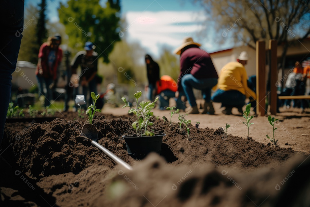 Cena inspiradora de uma horta comunitária com trabalho em equipe e colaboração