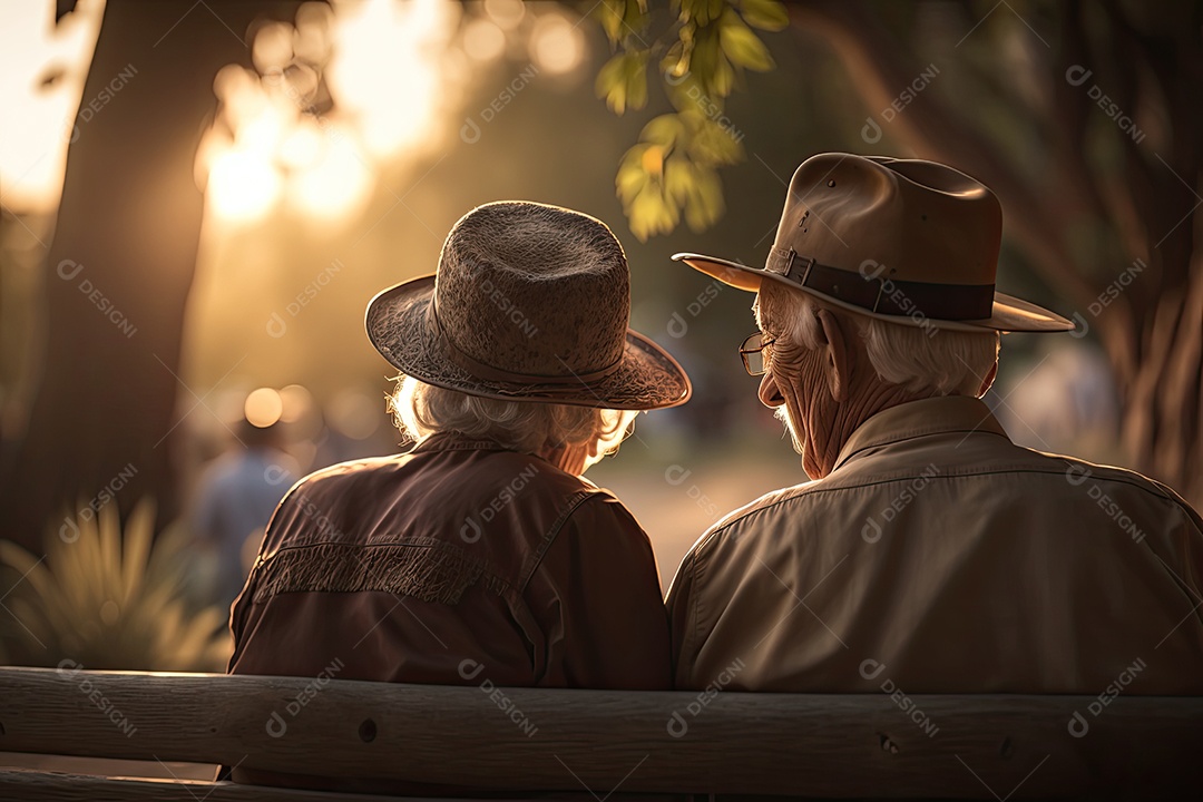 Imagem nostálgica de um casal de idosos assistindo o pôr do sol juntos