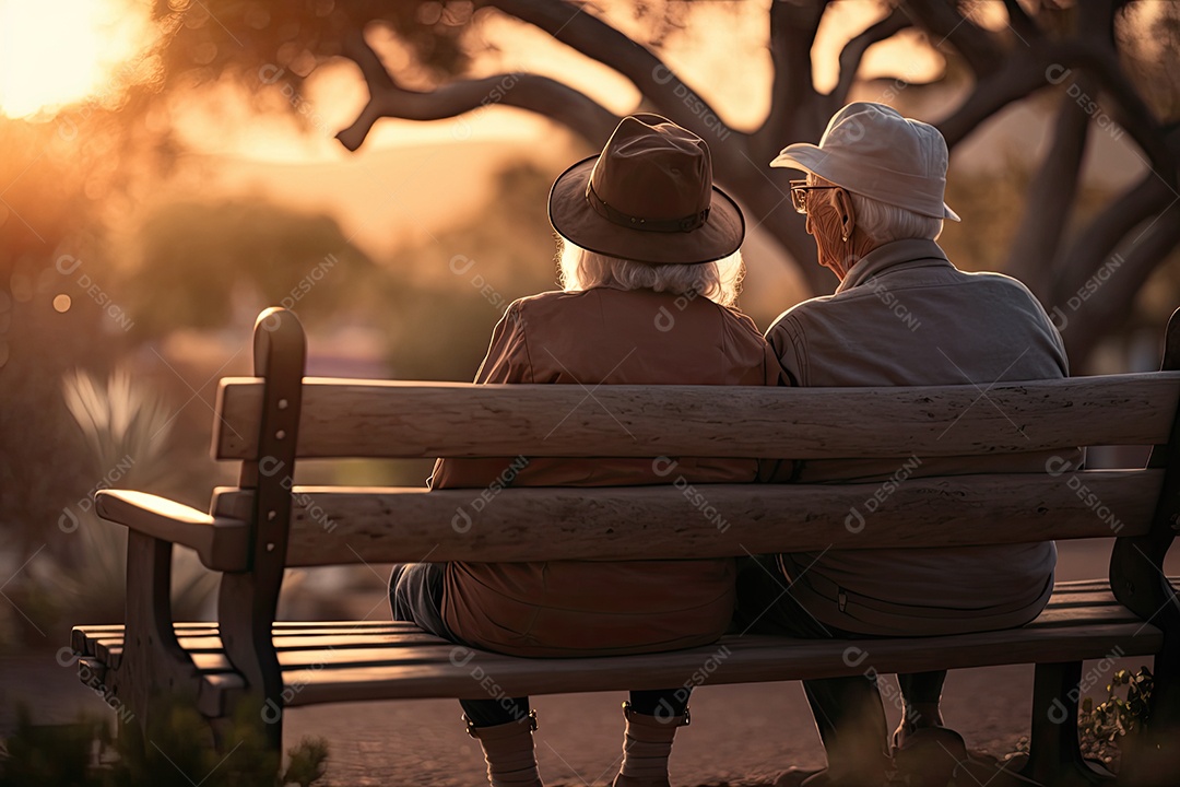 Imagem serena e pacífica de um casal de idosos aproveitando o sol