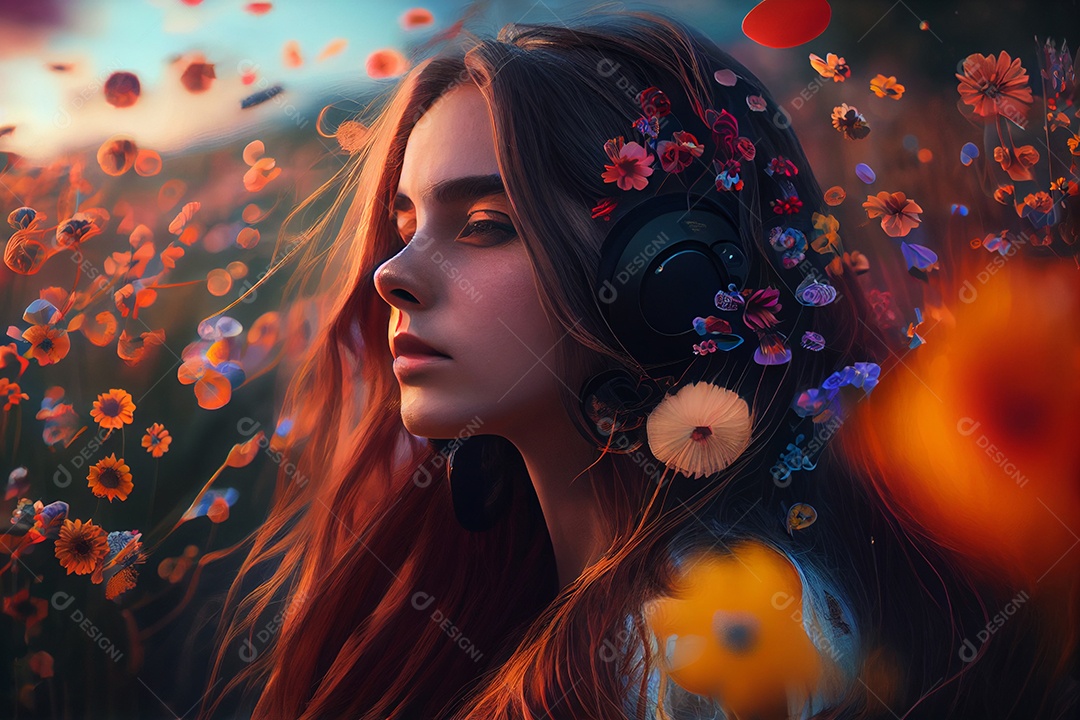 Linda mulher em campo de flores