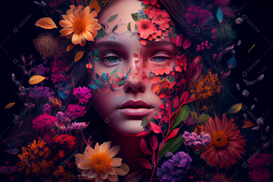 Linda garota com detalhes de flores