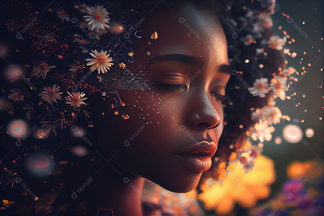 Linda mulher negra com detalhes em flores