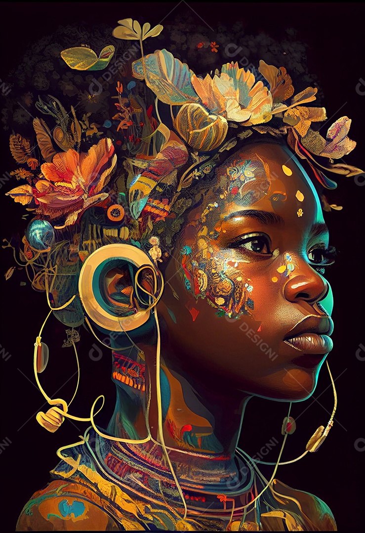 Linda mulher negra com detalhes em flores