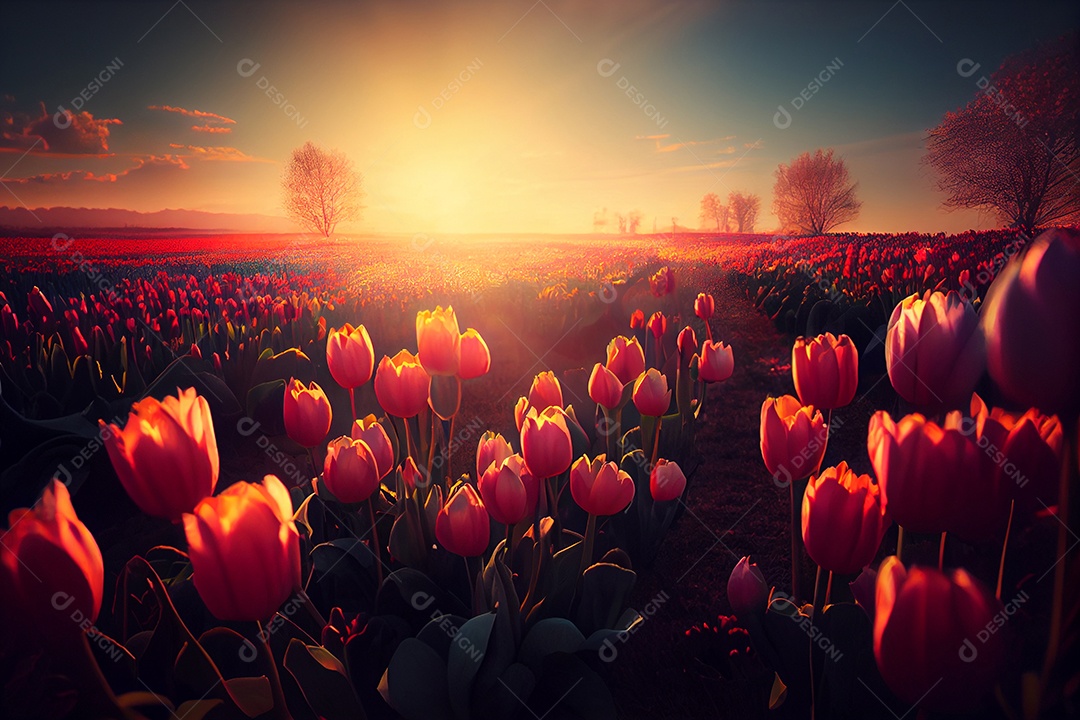 Campo de belas tulipas vermelhas