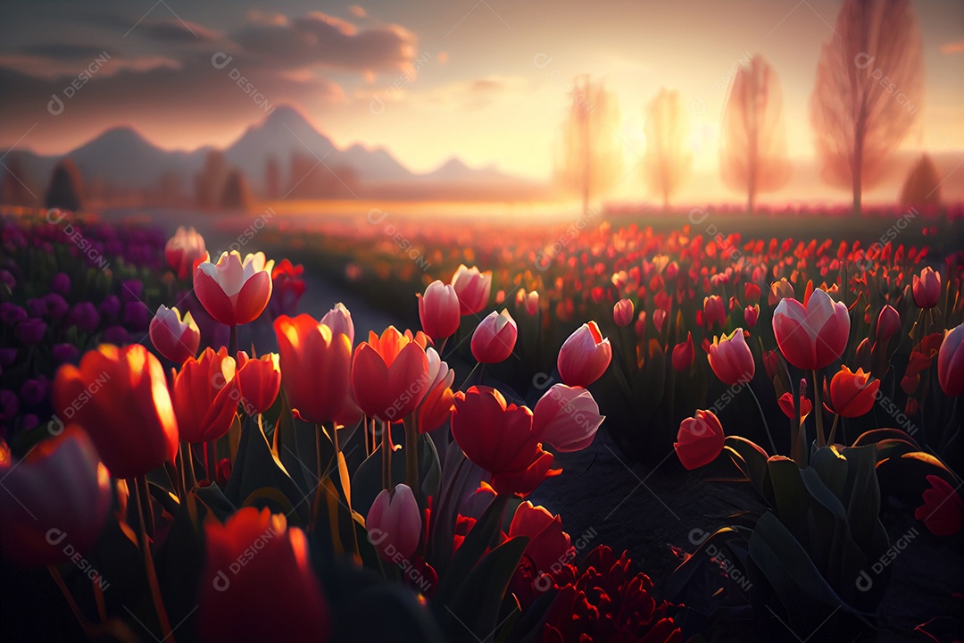 Campo de belas tulipas vermelhas