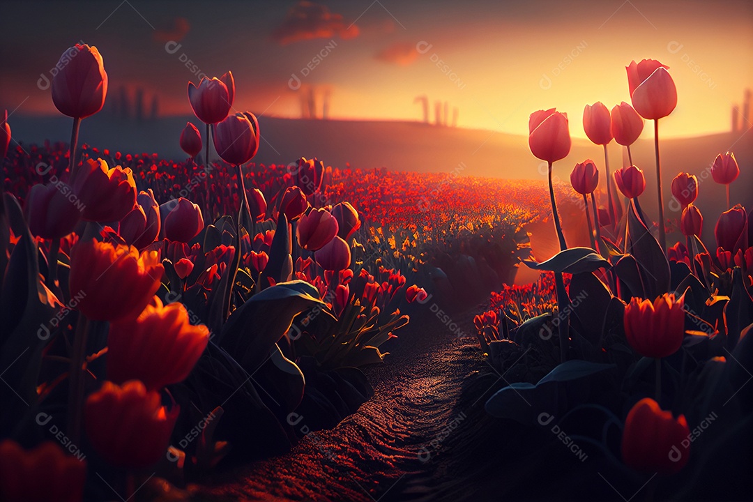 Campo de belas tulipas vermelhas