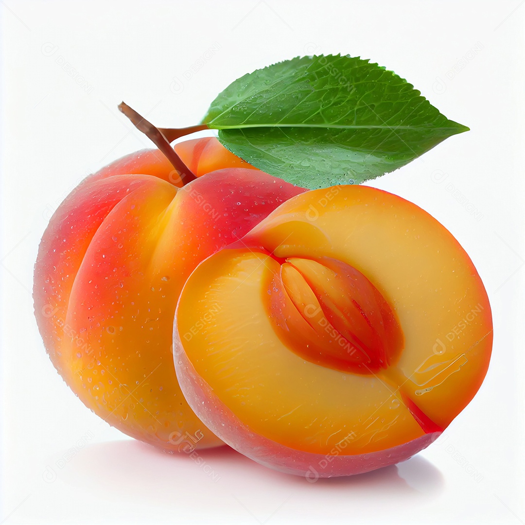 Pêssego cortado ao meio isolado em fundo branco