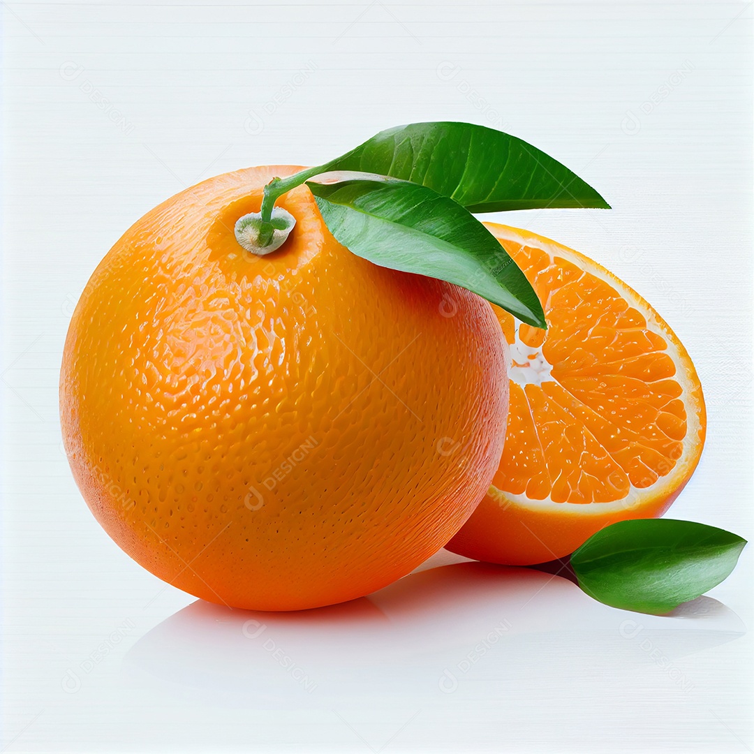 Laranja cortada ao meio em fundo branco
