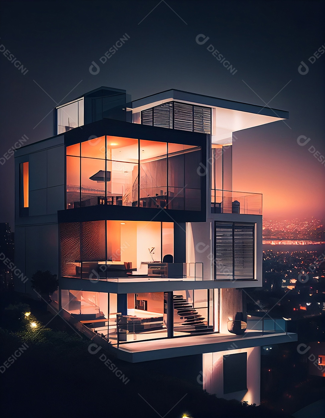 Ilustração de uma casa moderna iluminada