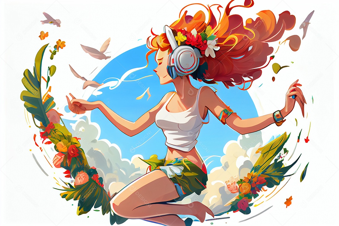 Ilustração menina feliz com fones de ouvido