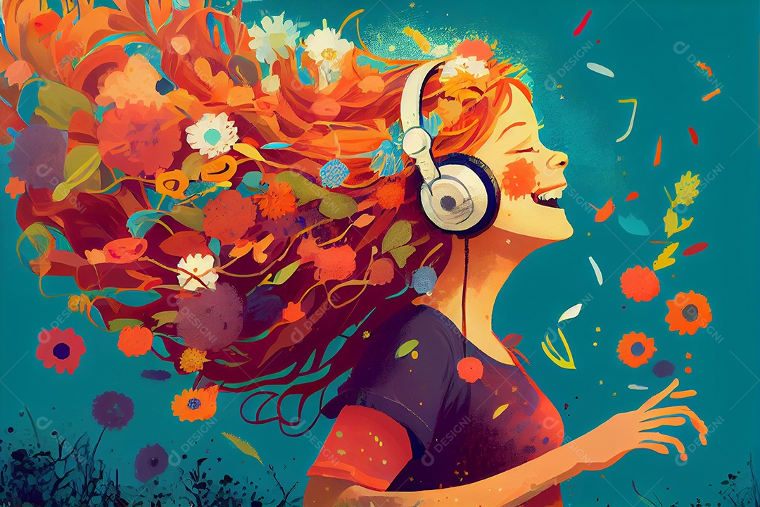 Ilustração menina feliz com fones de ouvido