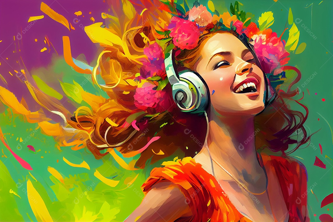 Ilustração menina feliz com fones de ouvido